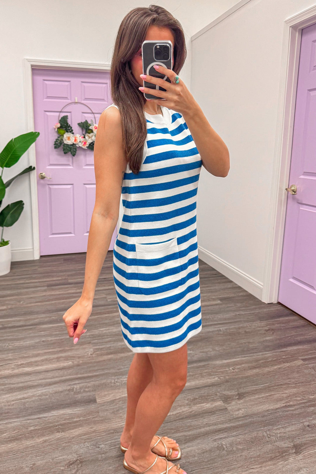 blue and white horizontal striped sleeveless short dress front pockets