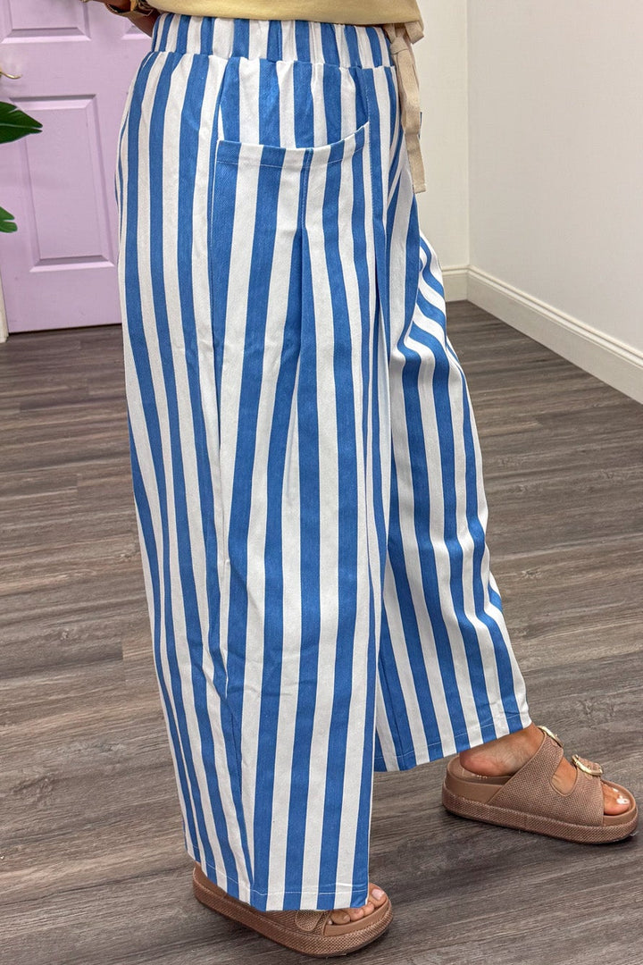 blue and white vertical striped adjustable drawstring waist twill denim wide leg pants