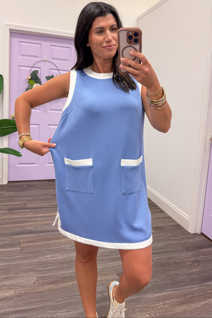 retro light blue with white trim sleeveless mini dress relaxed silhouette