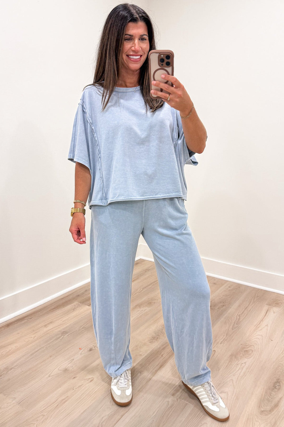 solid light blue elastic waist wide barrel leg lightweight knit pants