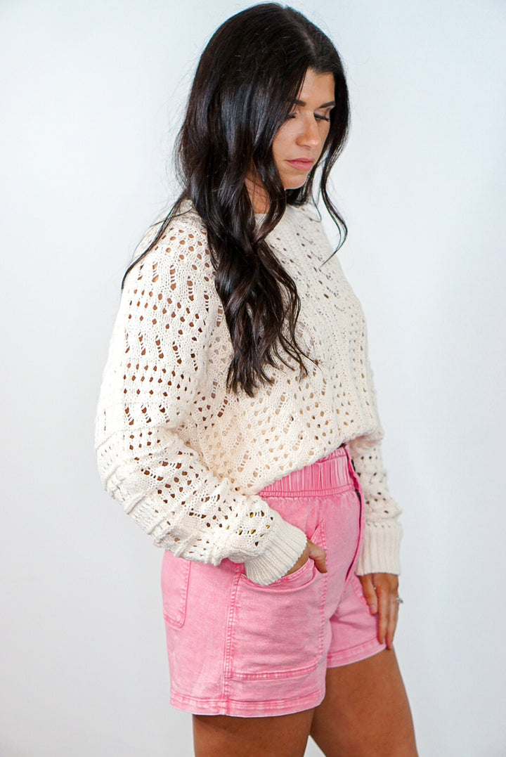 pink twill denim paperbag shorts