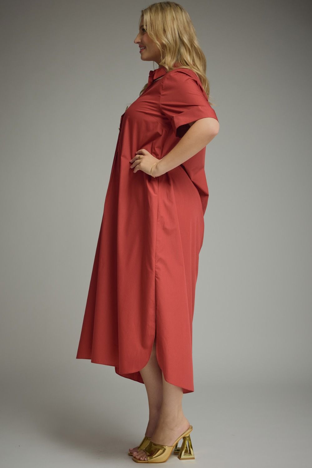 Entro plus size brick red midi dress with gold decorative snap bodice and collar in a flattering fit