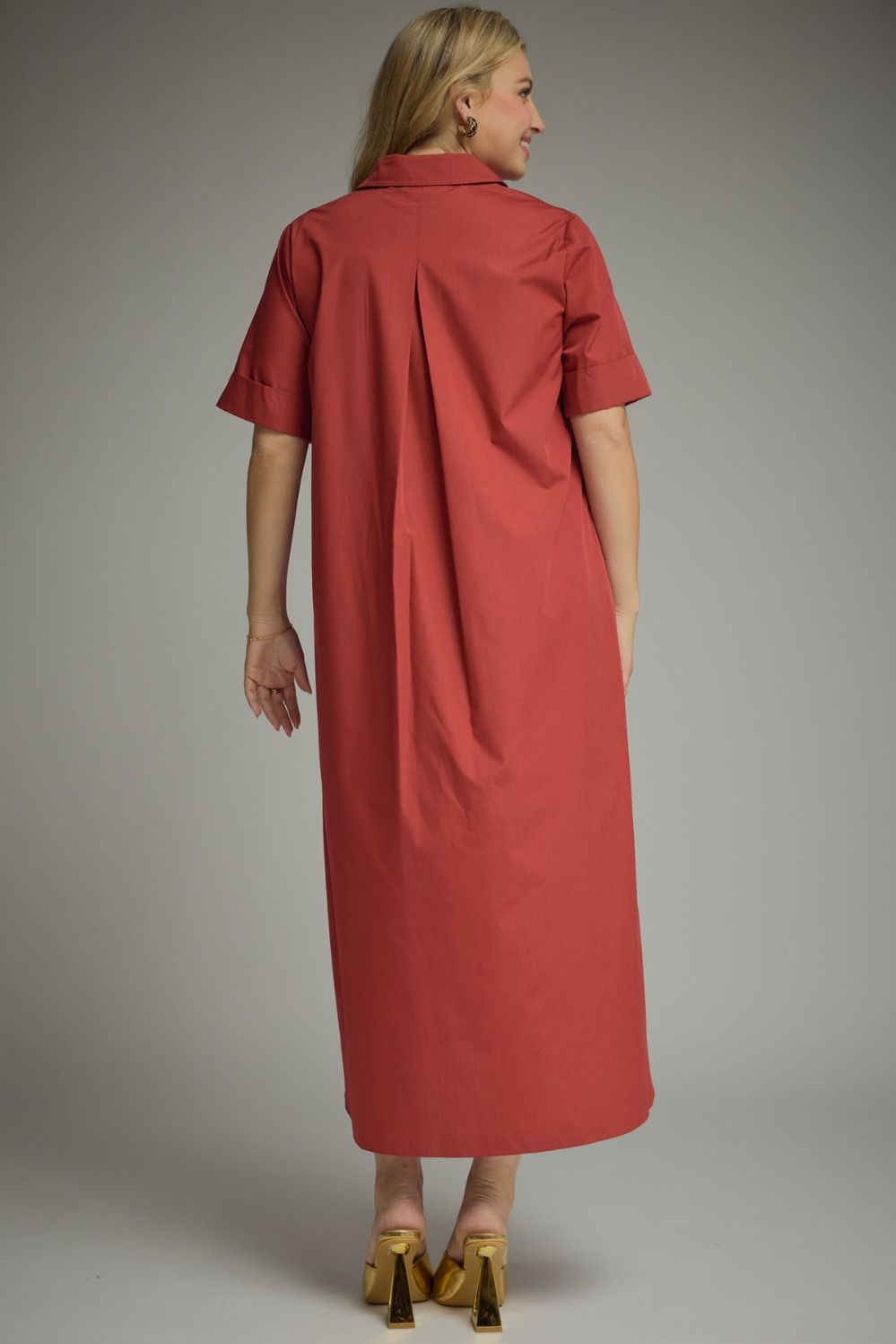 Entro plus size brick red midi dress with gold decorative snap bodice and collar with gathered detail in back 