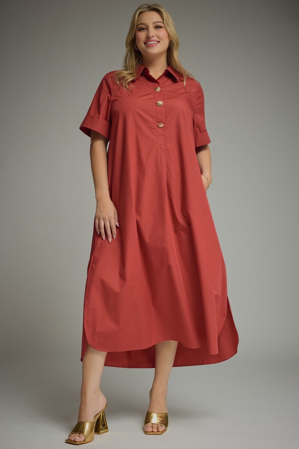 Entro brick red midi dress with gold decorative snap bodice and collar in plus size