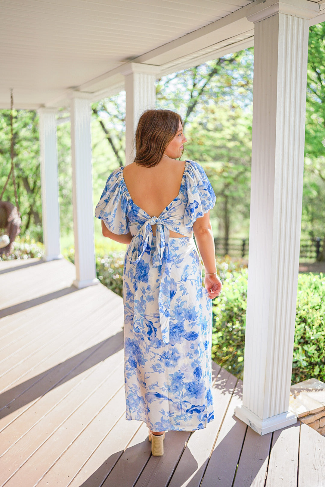 blue white floral maxi skirt set
