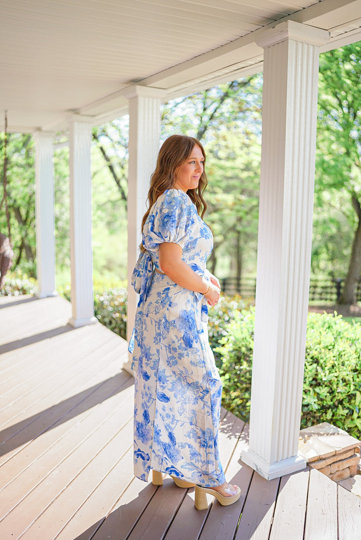 blue white floral maxi skirt set