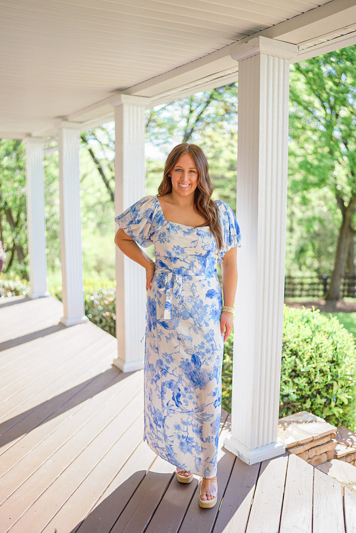 blue white floral maxi skirt set