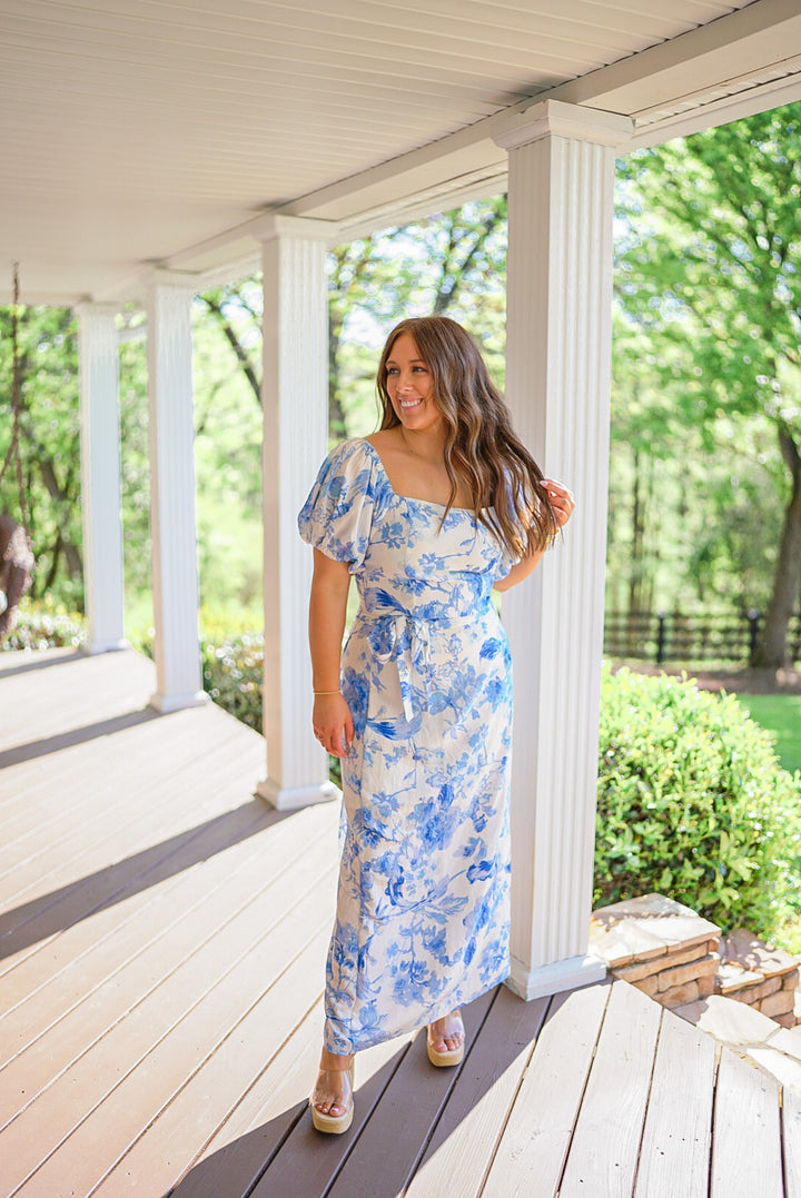 blue white floral maxi skirt set