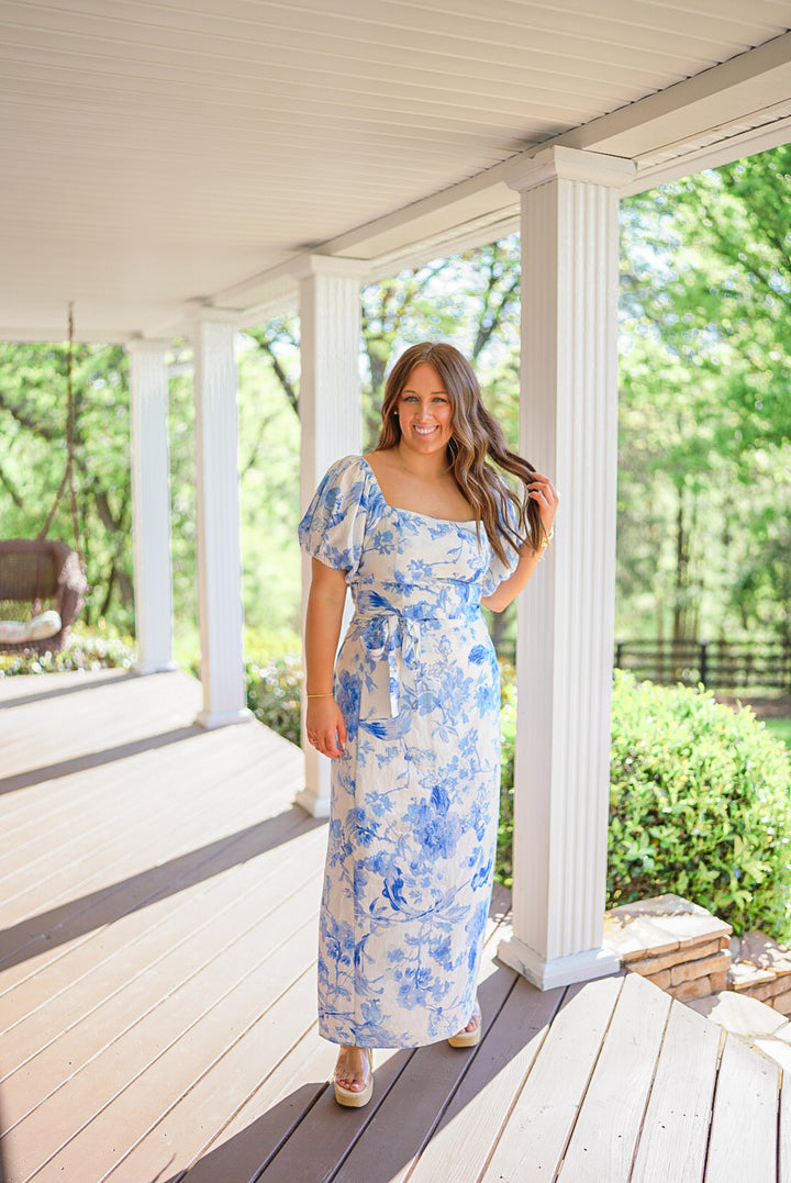blue white floral maxi skirt set