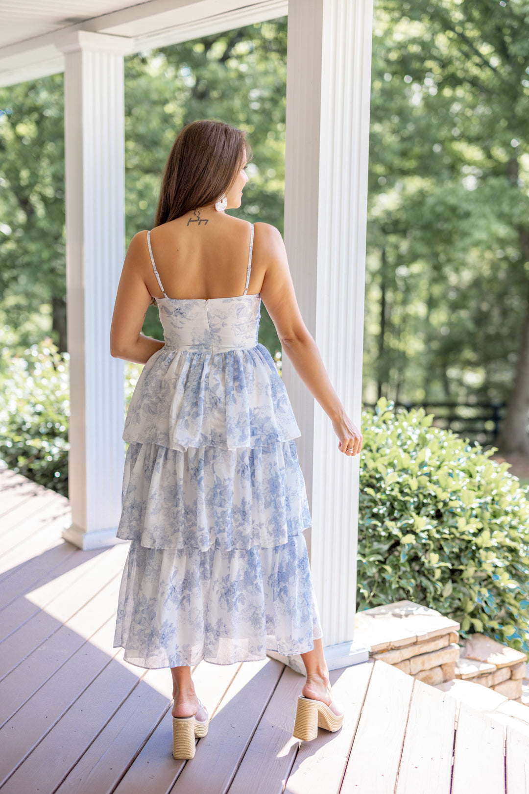 blue white chinoiserie bow midi dress 