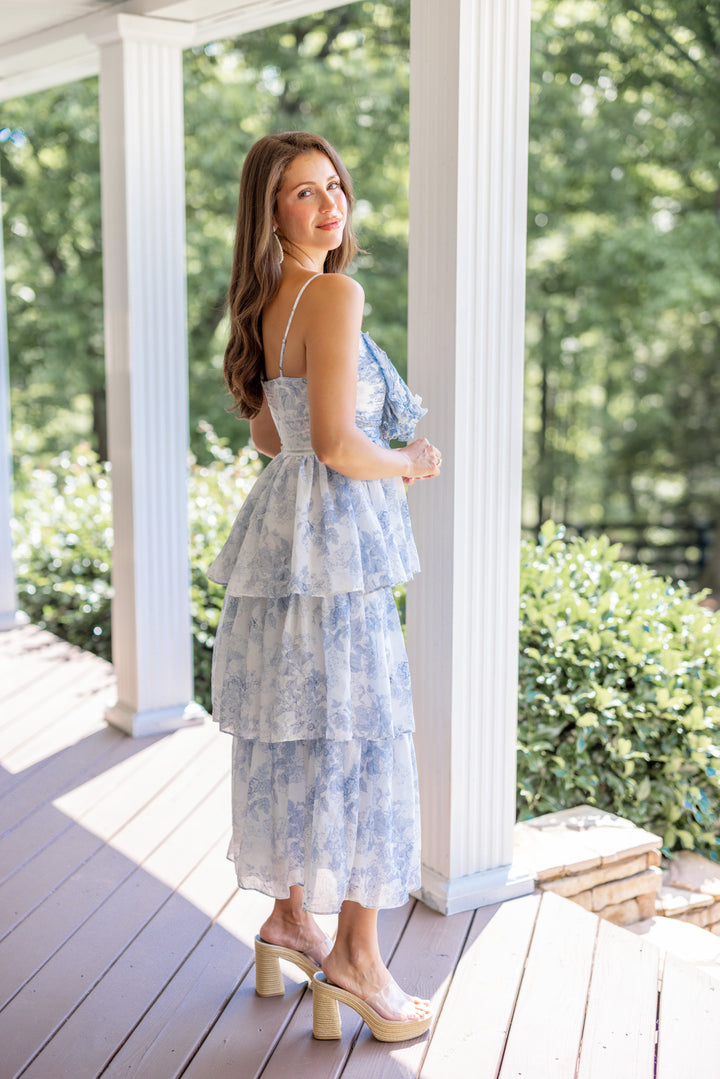 blue white chinoiserie bow midi dress 
