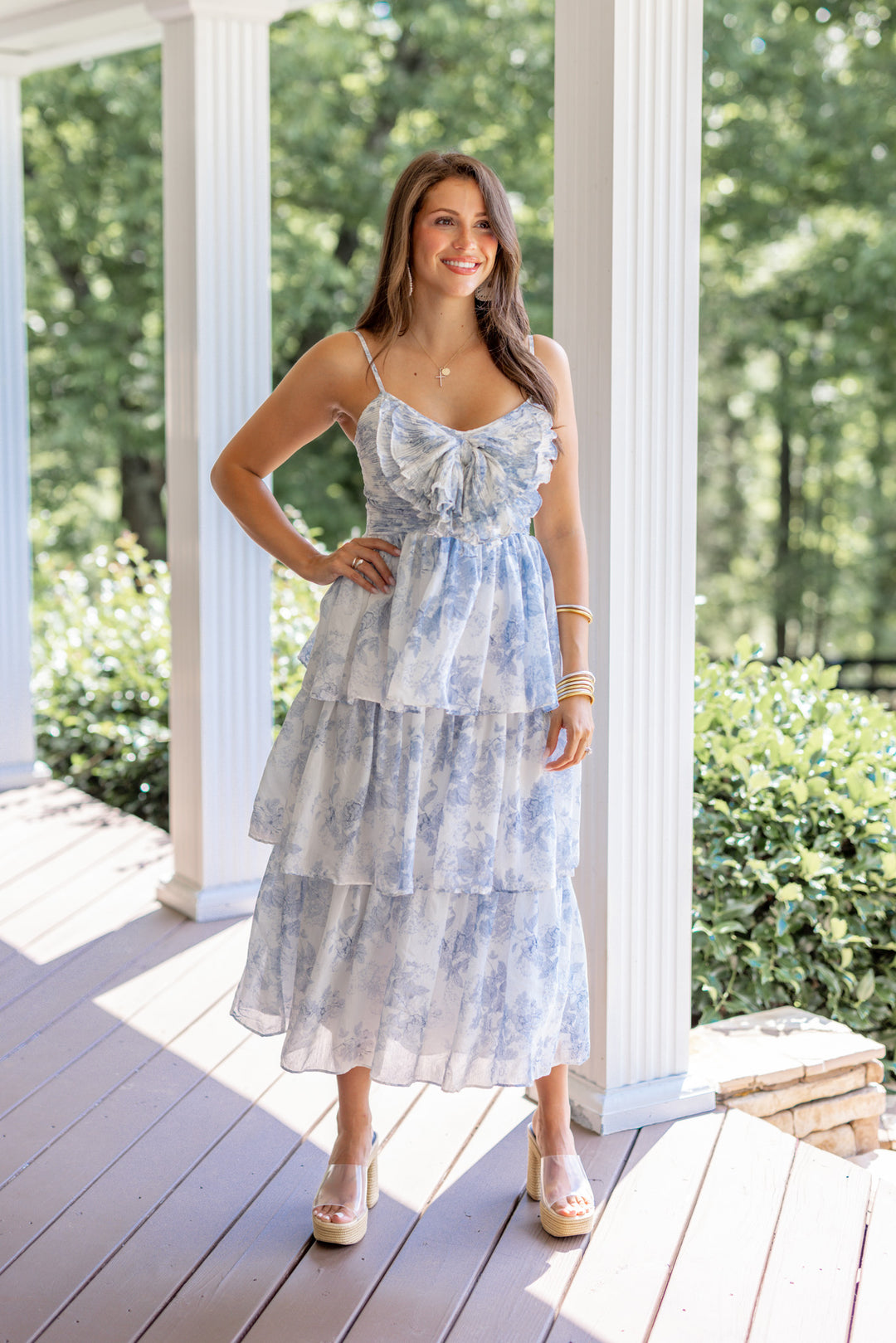 blue white chinoiserie bow midi dress 