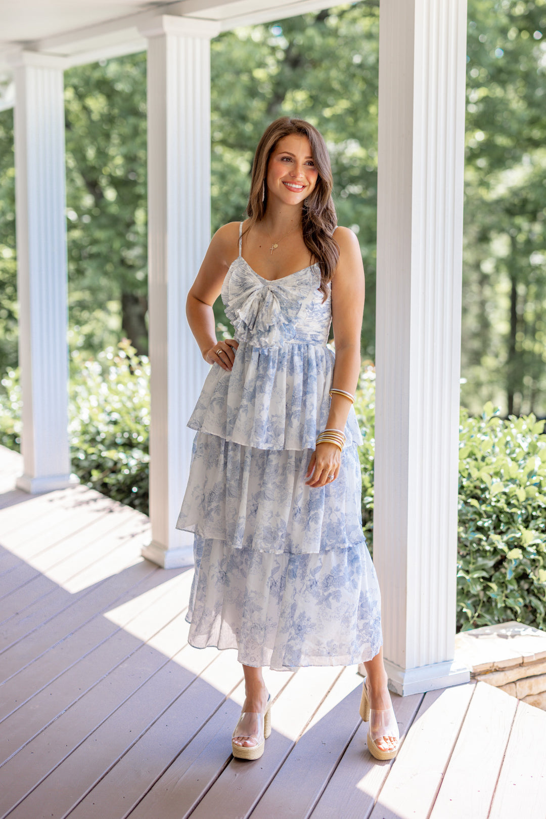 blue white chinoiserie bow midi dress 
