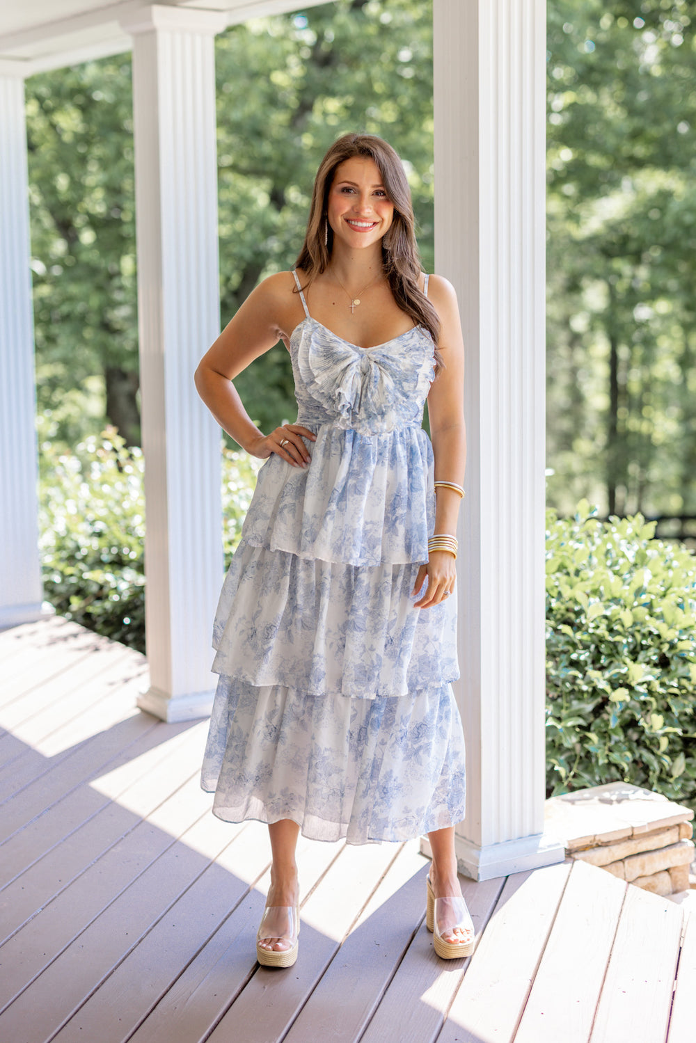 blue white chinoiserie bow midi dress 