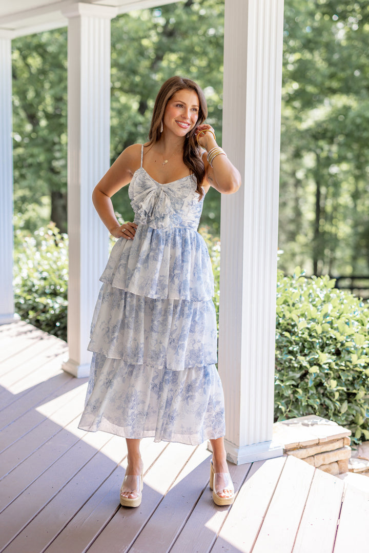 blue white chinoiserie bow midi dress 