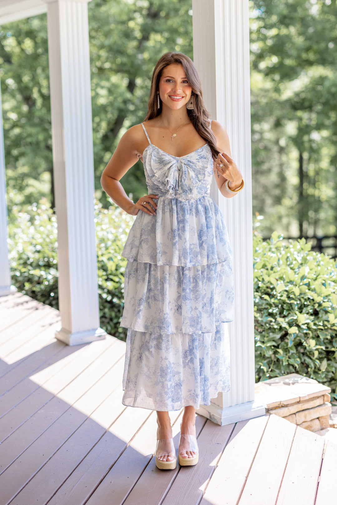 blue white chinoiserie bow midi dress 