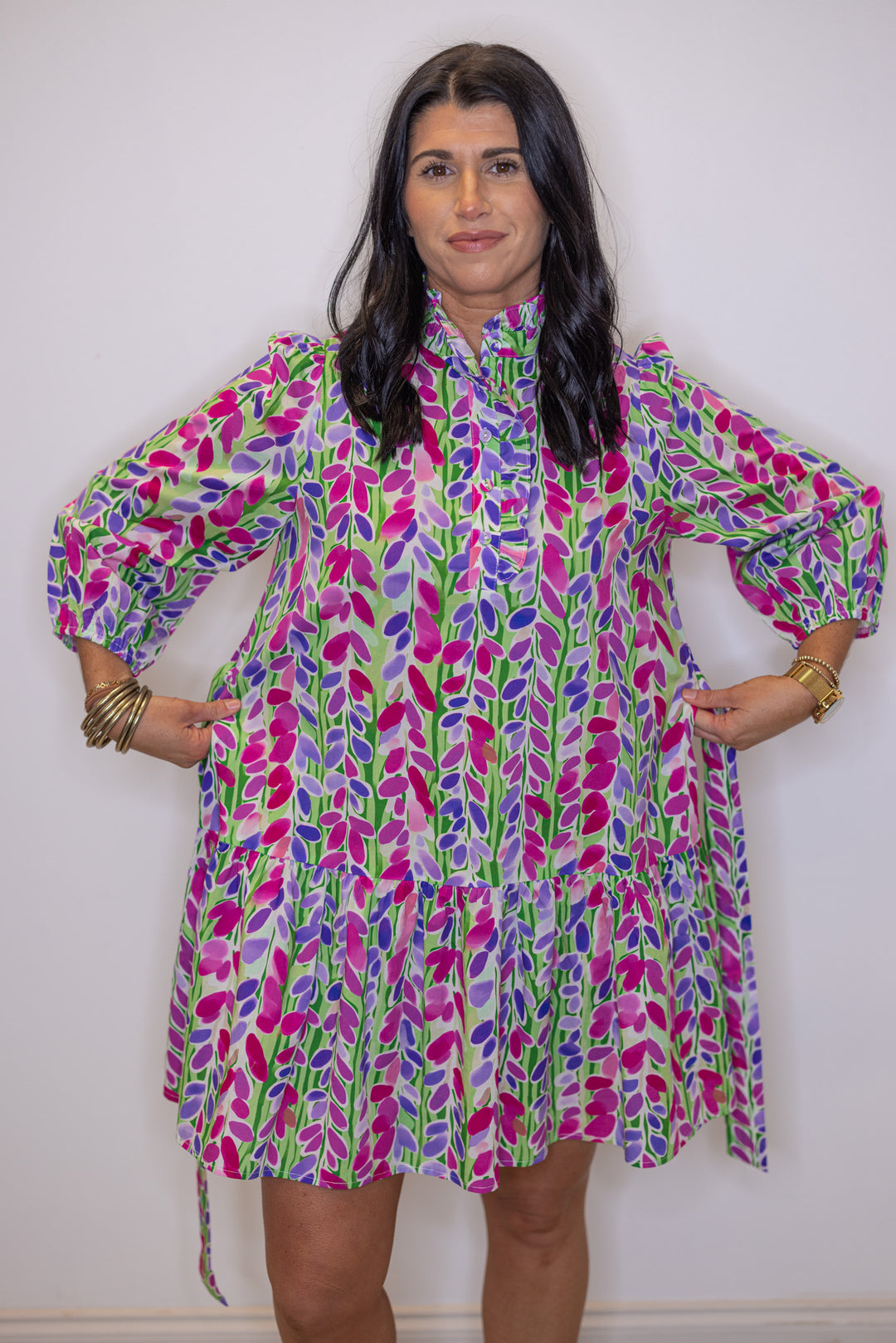 Women's green poplin dress with multicolor floral print by Jodifl showing removable belt detail