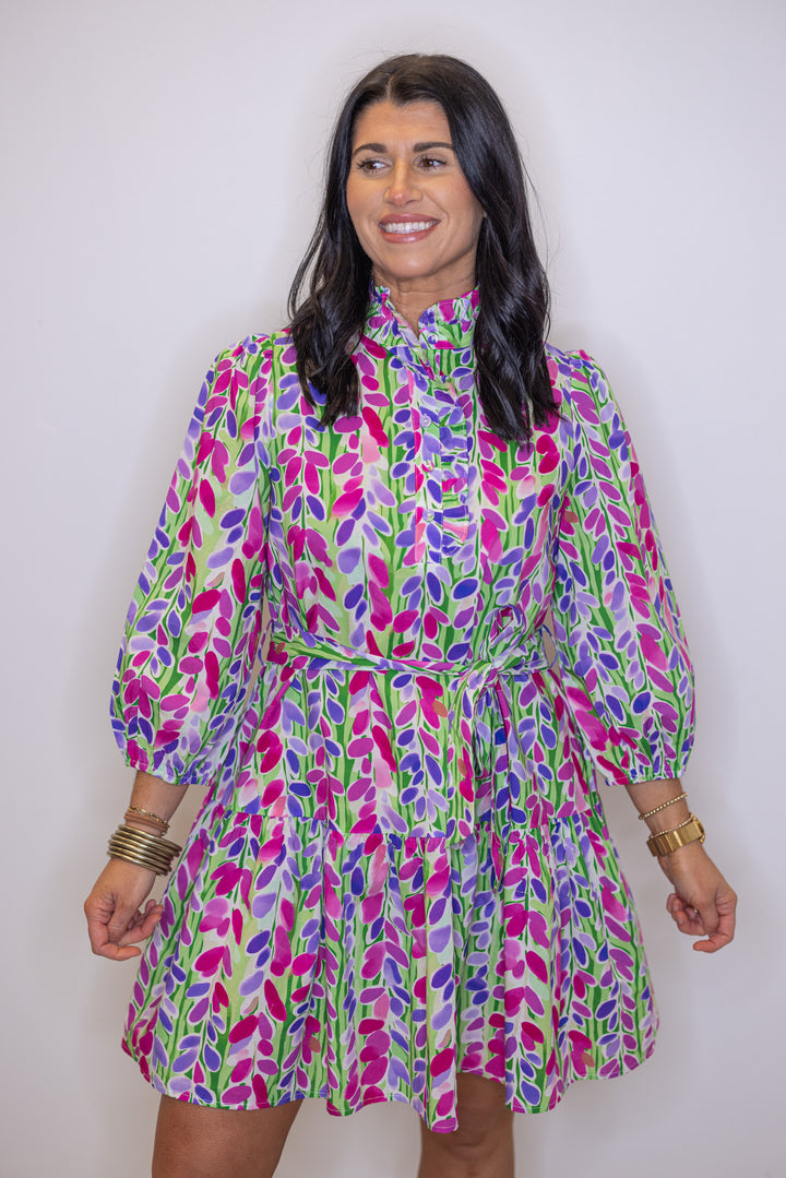 Women's green poplin dress with multicolor floral print and belted waist by Jodifl