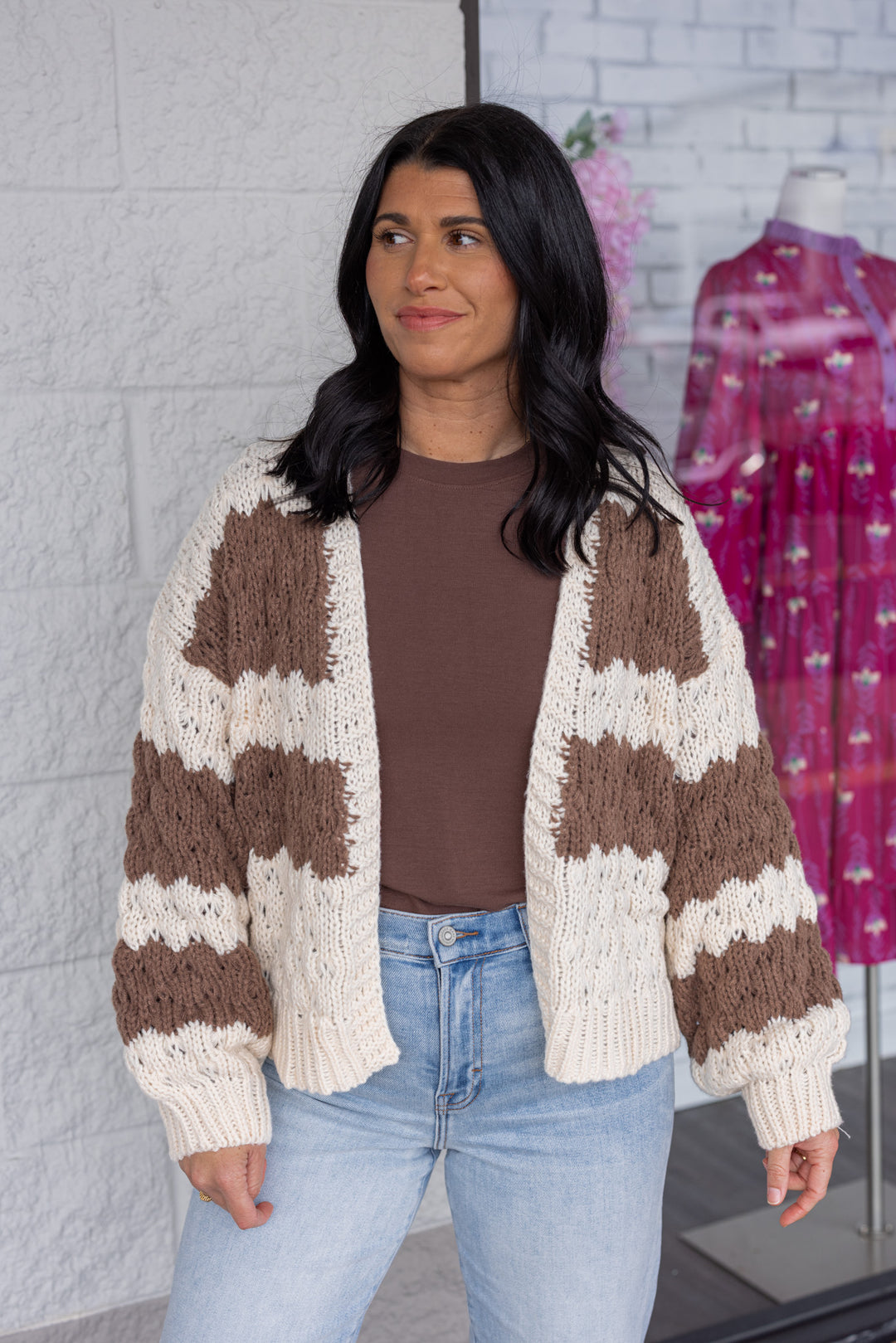 Women's cream and chocolate brown wide striped knit sweater cardigan by Wishlist