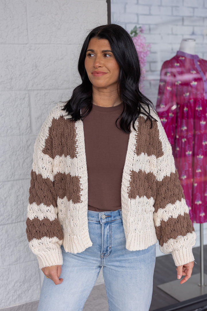 Women's cream and chocolate brown wide striped knit sweater cardigan by Wishlist