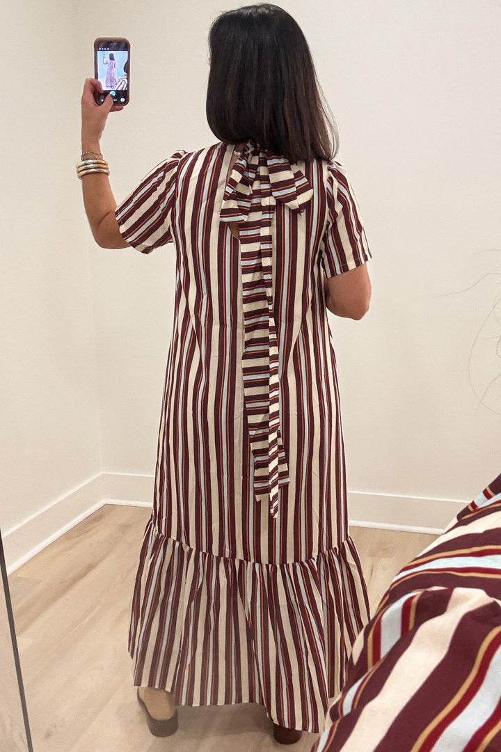 brown beige and pale blue striped short sleeve ruffle tiered hem tie back neck midi dress