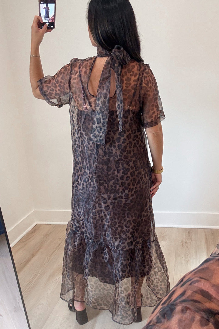 brown and black leopard print short sleeve flowy sheer overlay midi dress with back bow tie keyhole neckline