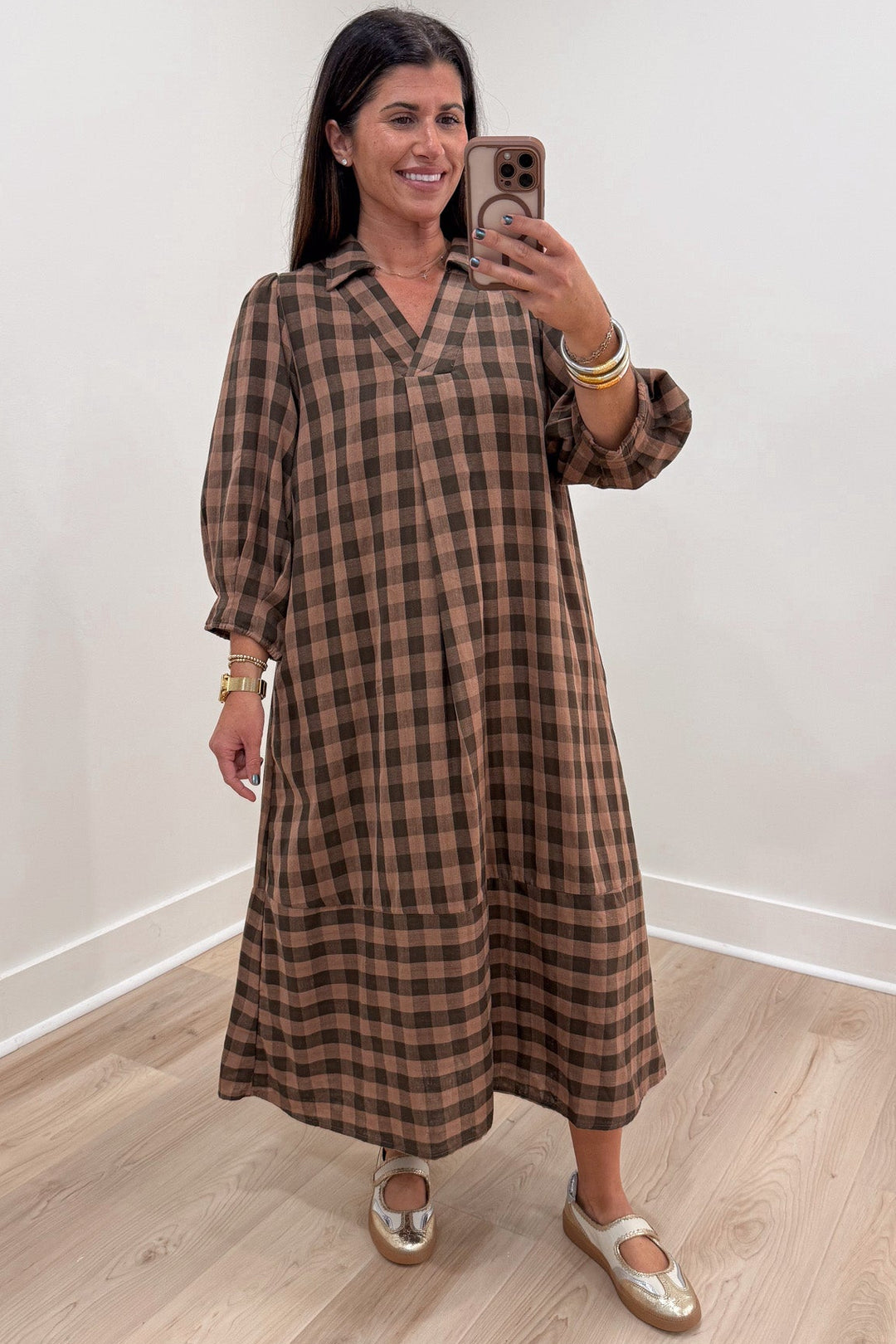 light brown and black plaid print balloon sleeve v neckline tiered cotton midi dress