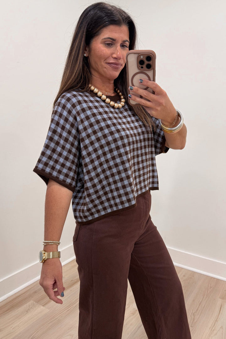 brown and light blue gingham checkered print short sleeve semi-cropped knit top