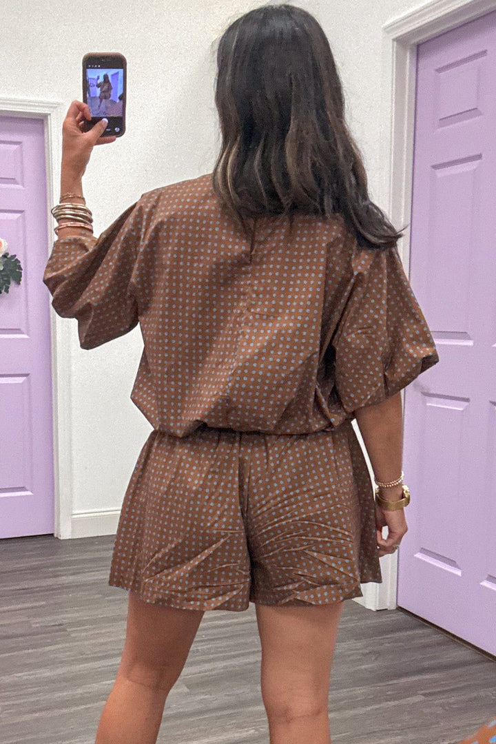 brown with small blue polka dot print bubble hem semi-cropped cotton poplin top with back keyhole button closure