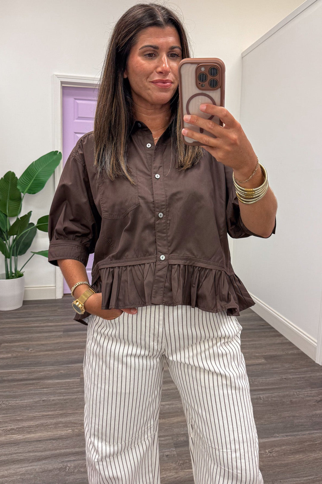 solid dark brown button down semi-cropped ruffle hem peplum top
