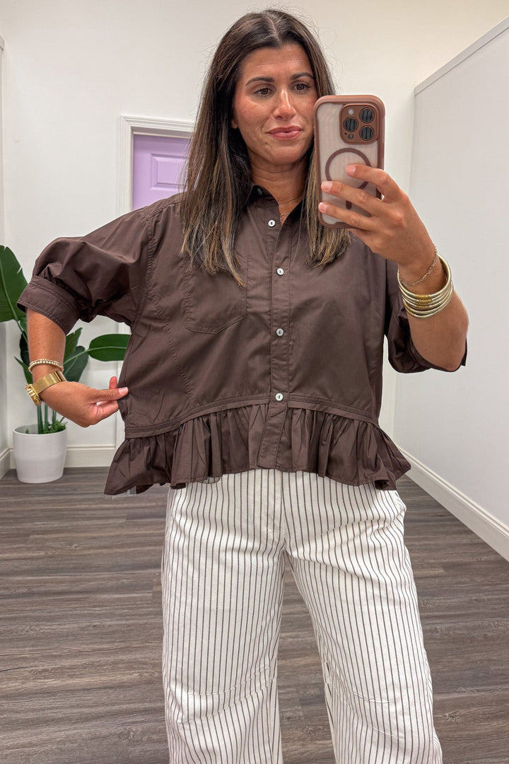 solid dark brown button down semi-cropped ruffle hem relaxed silhouette peplum top