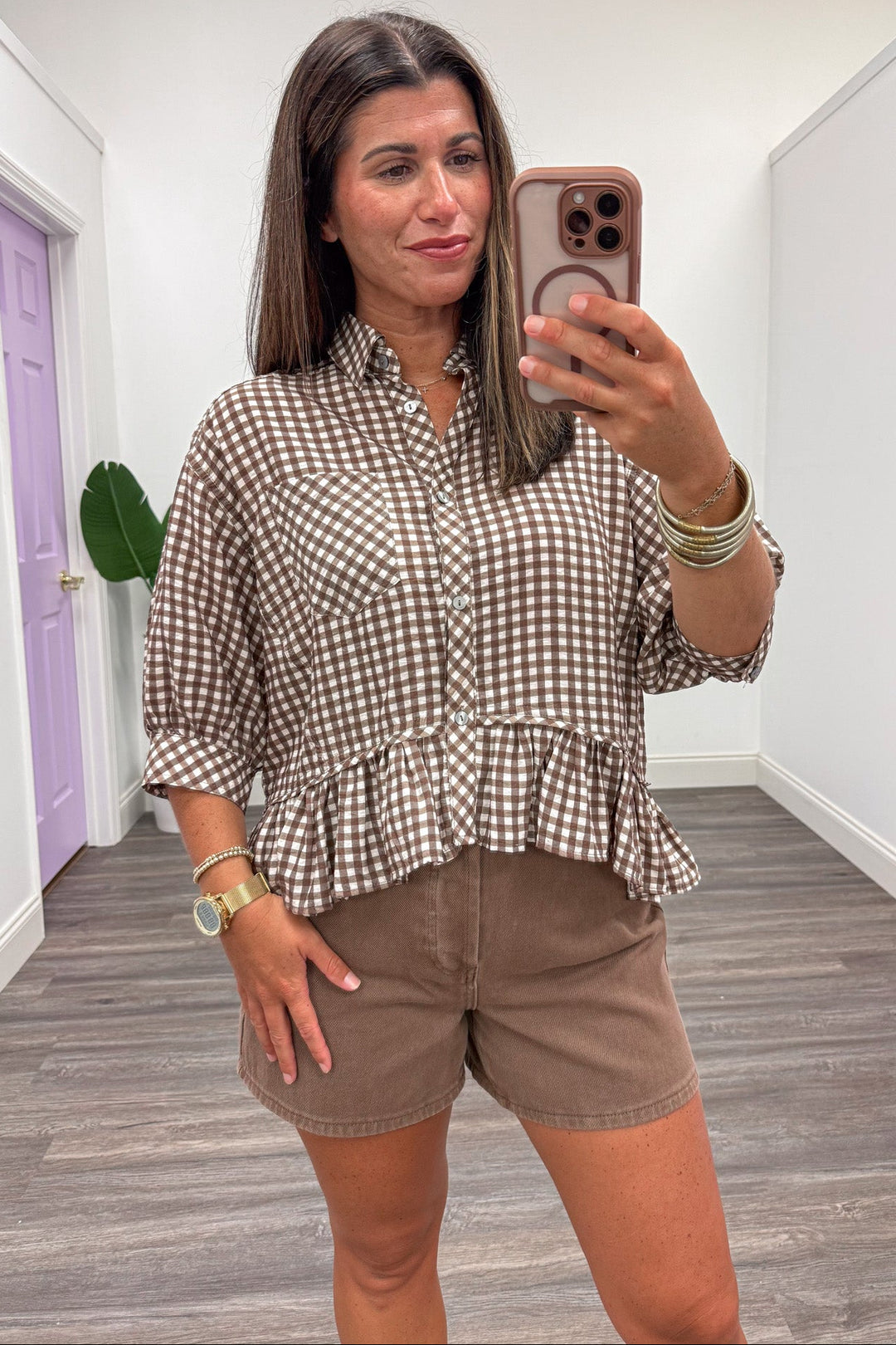 brown and cream gingham checkered print button front puff sleeve peplum top