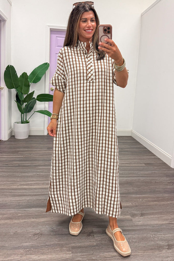 brown and cream gingham checkered print short sleeve midi dress