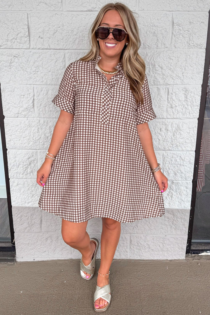 brown and cream gingham checkered print short sleeve button front bodice dress