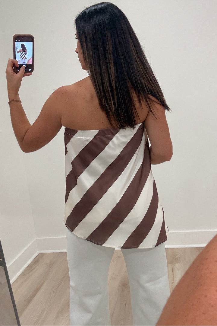 brown and cream diagonal striped strapless relaxed silhouette satin feel top