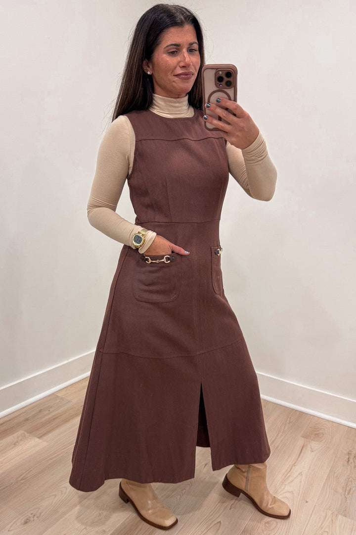 solid brown denim with gold hardware accent details sleeveless midi dress with front hem slit