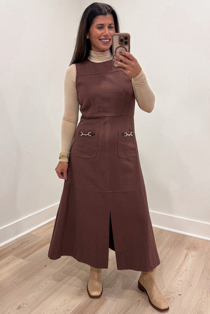 solid brown denim with gold hardware accent details sleeveless midi dress
