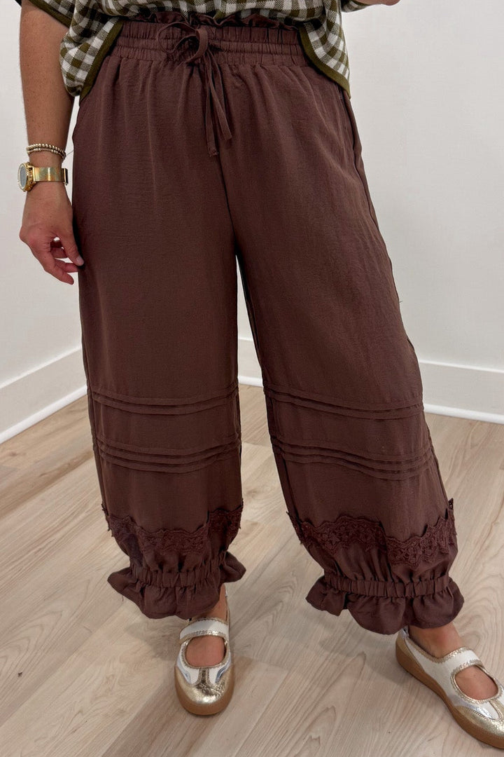 solid brown elastic drawstring waist wide leg cropped pants with elastic ruffle cuffed ankles