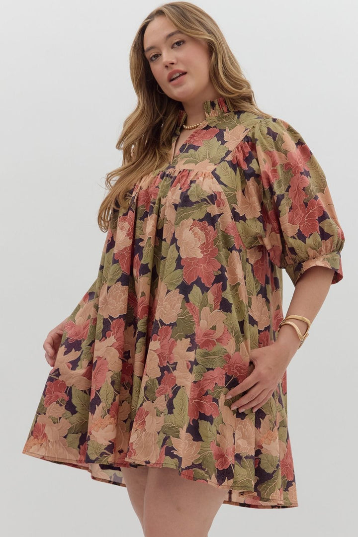 Women's brown babydoll dress with burgundy and olive floral print by Entro in plus showing slight side view
