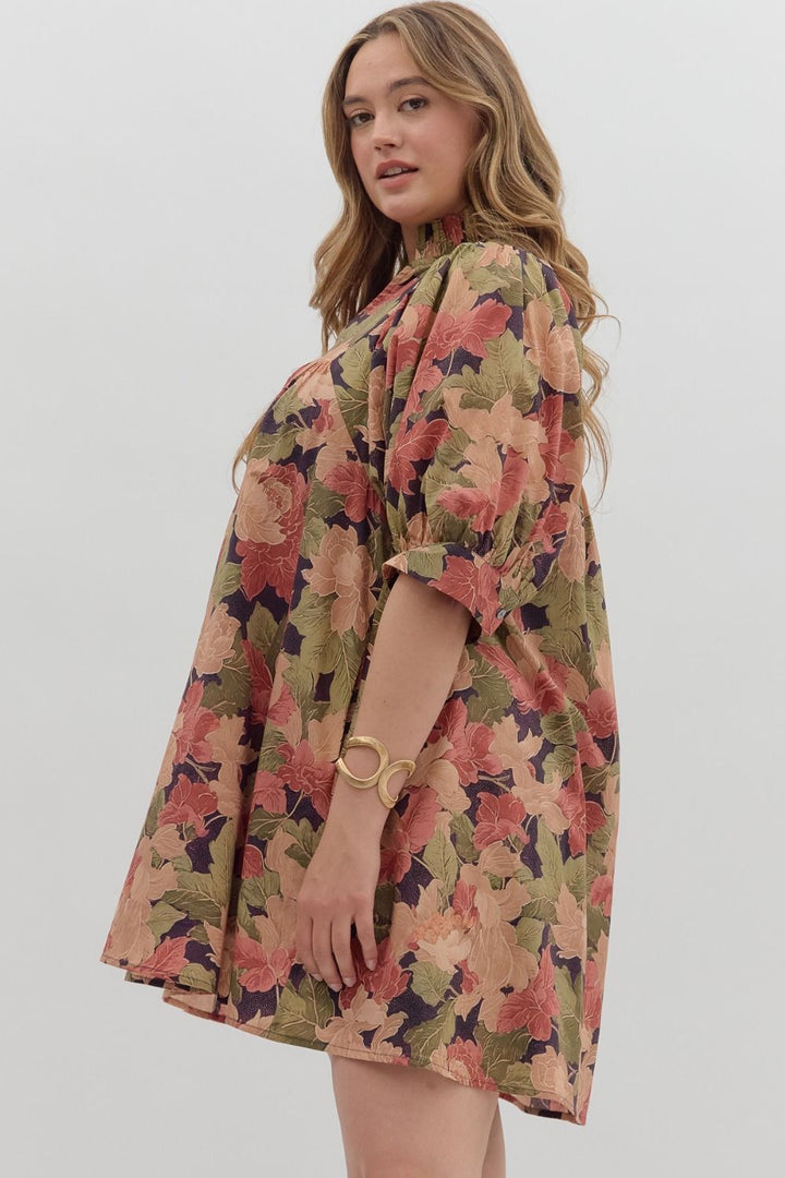 Women's brown babydoll dress with burgundy and olive floral print by Entro in plus showing side view
