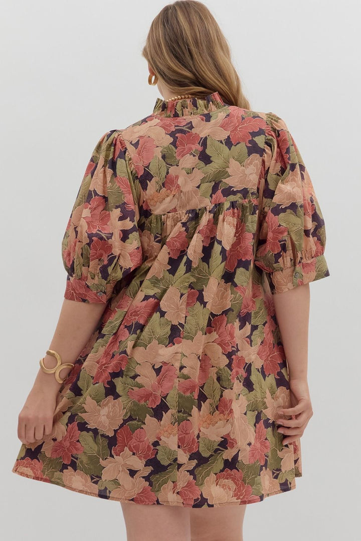 Women's brown babydoll dress with burgundy and olive floral print by Entro in plus showing back view
