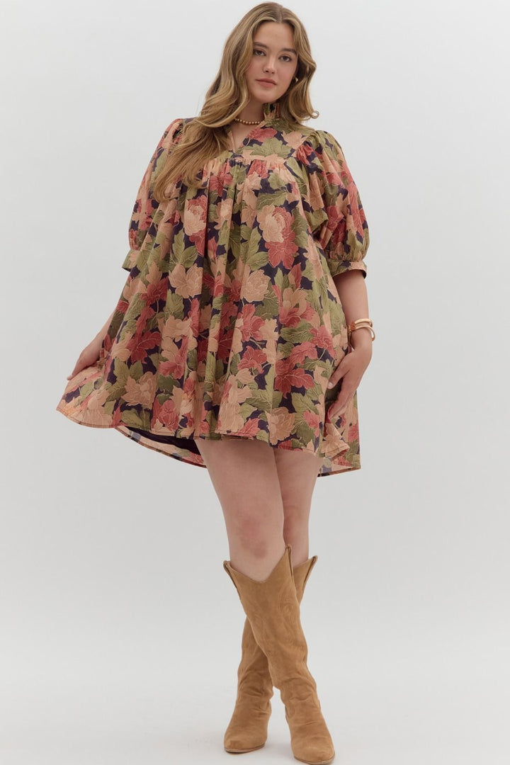 Women's brown babydoll dress with burgundy and olive floral print by Entro in plus showing full front view