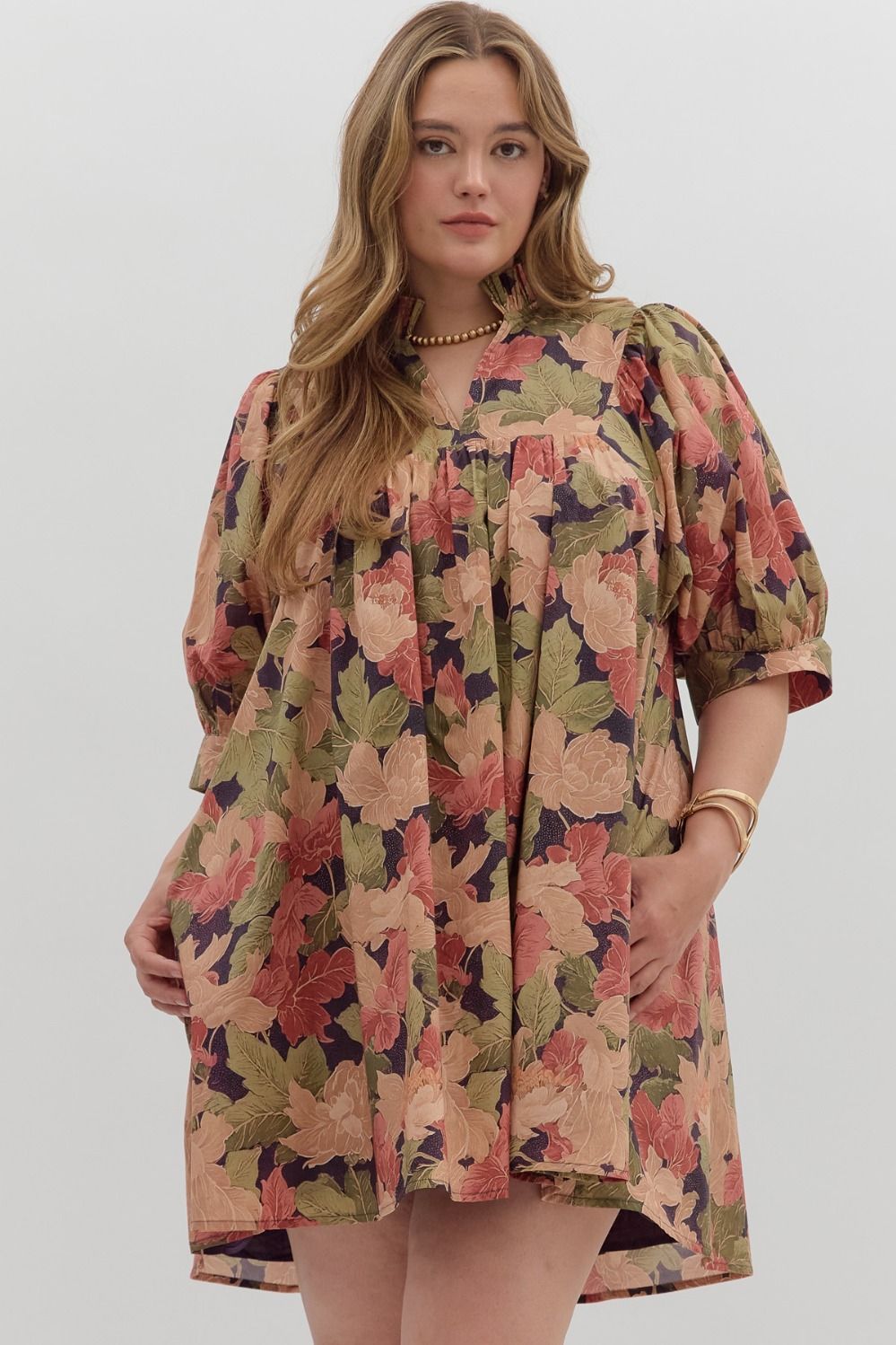 Women's brown babydoll dress with burgundy floral print by Entro in Plus showing close up front view
