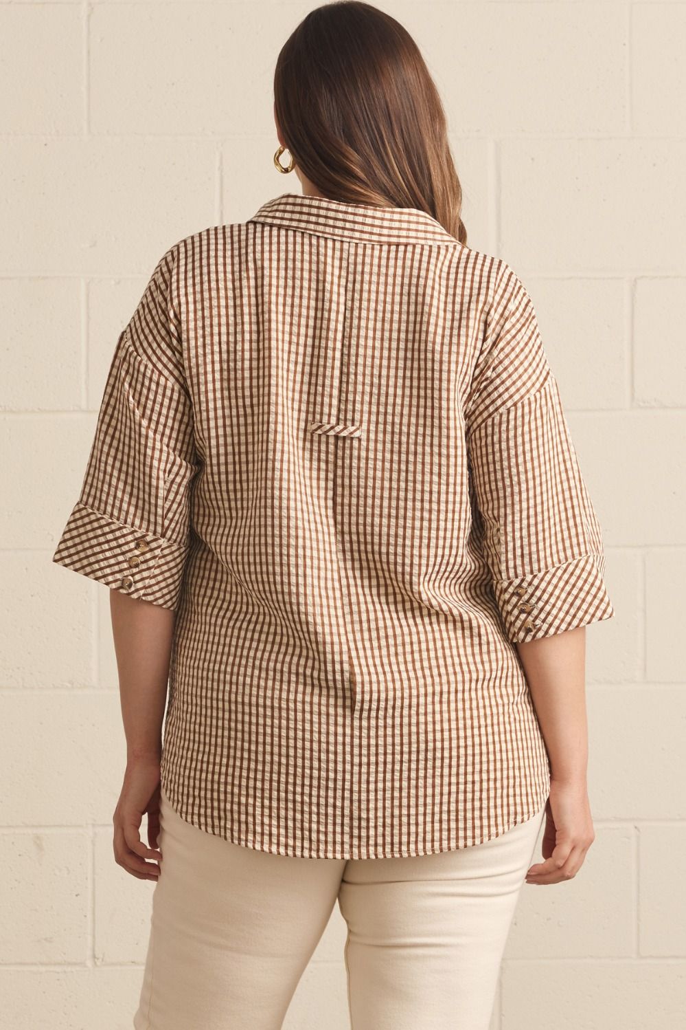 Entro plus size brown and cream gingham checkered print top with flattering silhouette