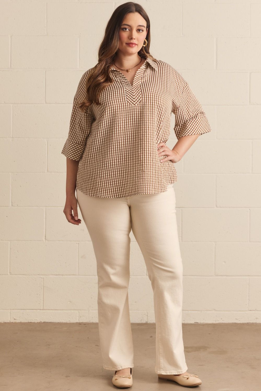 Entro brown and cream gingham checkered print top with flattering rounded hem