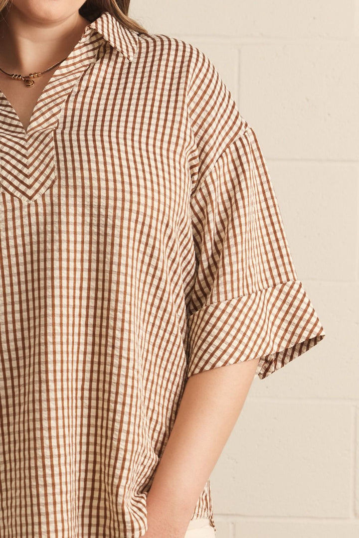 Entro lightweight brown and cream gingham checkered print top in plus size 