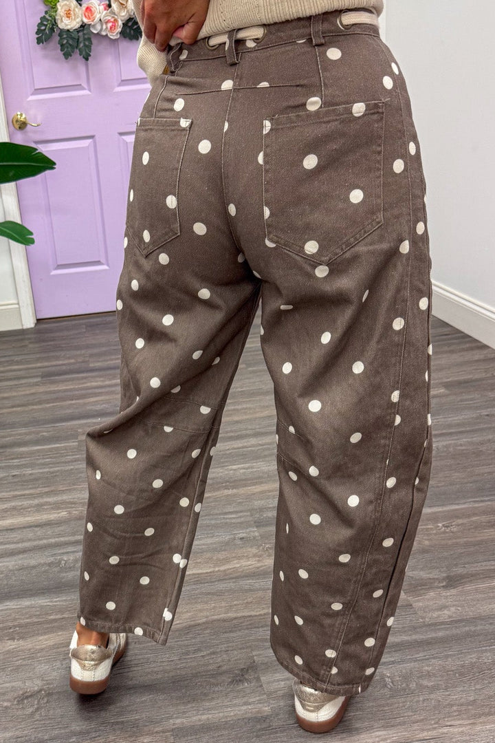 washed brown with ivory polka dot print wide barrel leg denim pants with back pockets