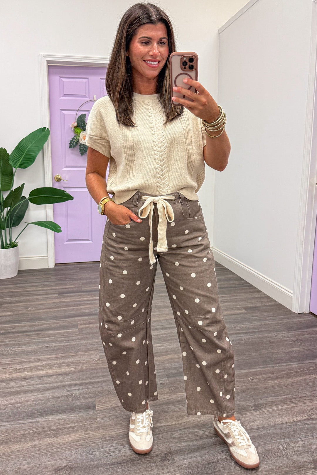 washed brown with ivory polka dot print wide barrel leg denim pants