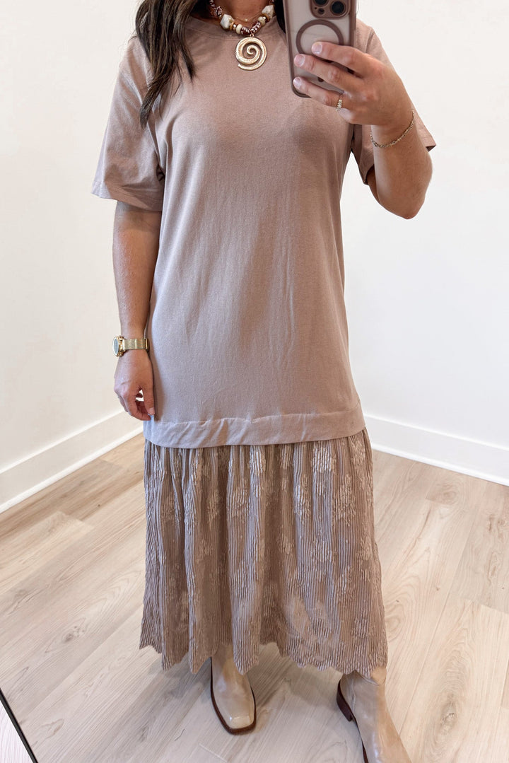 solid light brown lace bottom short sleeve crew neckline relaxed fit t-shirt midi dress