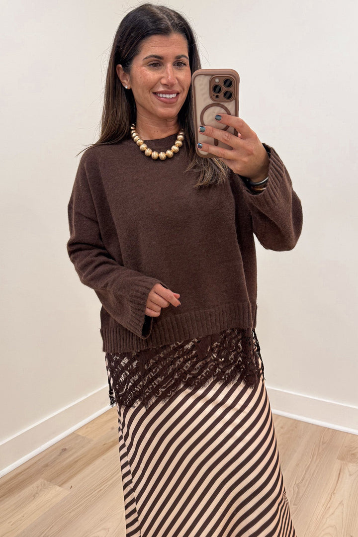 solid chocolate brown long sleeve knit sweater top with tiered lace bottom hem